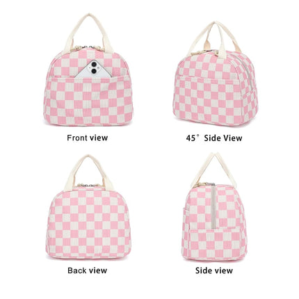 Corduroy Lunch Box for Women Girls, Cooler Lunch Bags Reusable Insulated Lunchbox for Picnic School Work Travel (Checkered Pink)