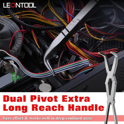 LEONTOOL Long Reach 90 Degree Bent Nose Pliers 13-Inch Dual Pivot Double Joint Serrated Jaw Angled Needle Nose Extra Extended for Narrow Spaces and Limited Areas