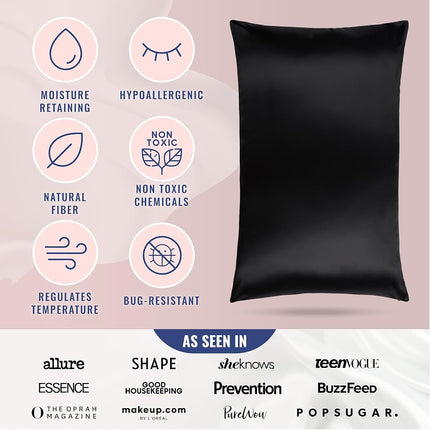 BLISSY Silk Pillowcase - 100 Percent Pure Mulberry Silk - 22 Momme 6A High-Grade Fibers - Satin Pillow Cover for Hair & Skin - Regular, Queen & King with Hidden Zipper, Black