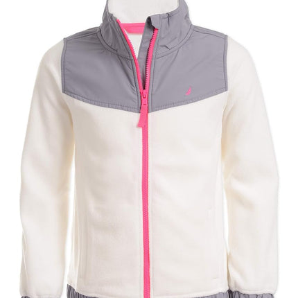 Nautica Girls' Full-Zip Fleece Jacket, Signature Logo Design, Lightweight & Wind Resistant, Cream/Grey, 16
