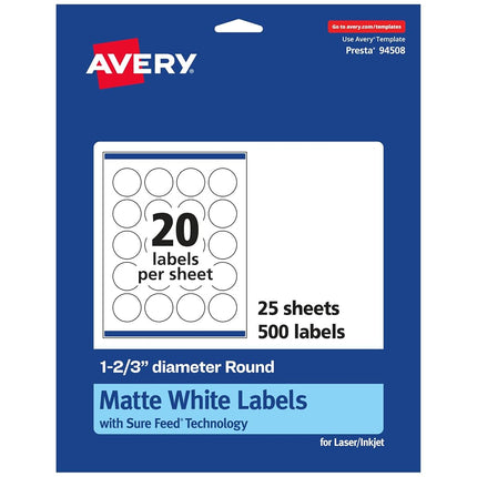 Avery Matte White Round Labels with Sure Feed, 1-2/3" Diameter, 500 Matte White Printable Labels