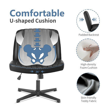 DUMOS Desk Chair No Wheels, Criss Cross Chair Wide Cross Legged Office Desk Vanity Chair, PU Leather Armless Adjustable Swivel Chairs for Home Computer Task Black