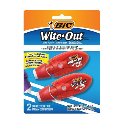 BIC Wite-Out Brand Mini Twist Correction Tape, 26.2 Feet, 2-Count Pack of white Correction Tape, Fast, Clean and Easy to Use Tear-Resistant Tape Office or School Supplies
