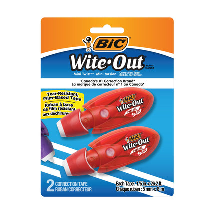 Cinta correctora BIC Wite-Out Brand Mini Twist, 8 metros, paquete de 2 unidades de cinta correctora blanca, cinta resistente a roturas rápida, limpia y fácil de usar, material de oficina o escolar