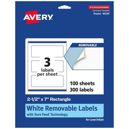 Avery Matte White Removable Rectangle Labels with Sure Feed Technology, Print-to-The-Edge, 2.5" x 7", 300 Removable Labels, Laser/Inkjet Printable Labels