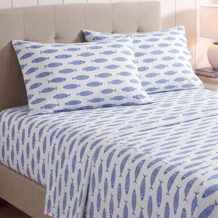 Nautica Cotton Percale Bedding Set, Crisp & Cool, Lightweight & Breathable, 100%, Woodblock Fish Blue, Full