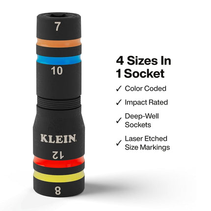 Klein Tools 653MQS KNECT Impact-Rated Quad Socket Set, 12 Sizes in 3 Flip Socket Drivers, 4-In-1 Color Coded Heavy-Duty Multi-Tool, 1/4 and 3/8-Inch Drive, MODbox Storage Case