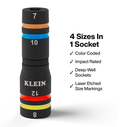 Klein Tools 653MQS KNECT Impact-Rated Quad Socket Set, 12 Sizes in 3 Flip Socket Drivers, 4-In-1 Color Coded Heavy-Duty Multi-Tool, 1/4 and 3/8-Inch Drive, MODbox Storage Case