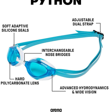 ARENA Unisex Python Racing Swim Goggles for Men and Women Anti-Fog Non-Mirror Lens Max Comfort Dual Strap, Blue/White Sky
