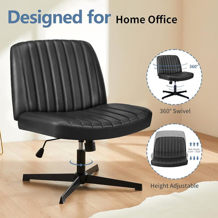 DUMOS Desk Chair No Wheels, Criss Cross Chair Wide Cross Legged Office Desk Vanity Chair, PU Leather Armless Adjustable Swivel Chairs for Home Computer Task Black