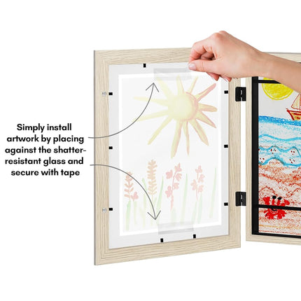 Americanflat - 2 Pack - Kids Artwork Display Frame Changeable (Light Wood) - Magnetic Door Holds 100 Art Pieces - A4 Size Display with Mount or 10x12.5 Without Mount - My Mini Masterpiece