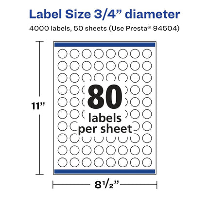 Avery Matte White Round Labels with Sure Feed, 3/4" Diameter, 4,000 Matte White Printable Labels