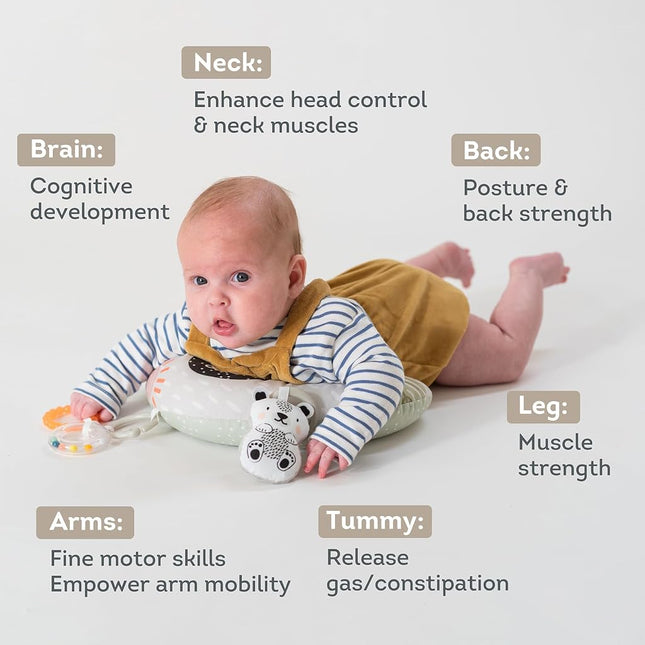 Taf Toys Ergonomic Tummy Time Pillow with Teether and Rattle - Soft and Supportive Baby Prop Pillow for Enhanced Motor Skills Development