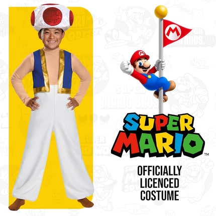 Disguise Super Mario Toad Costume for Kids, Official Nintendo Licensed Product, All In One Jumpsuit with Blue and Gold Vest Effect, Includes Toad Hat, 7-8 years