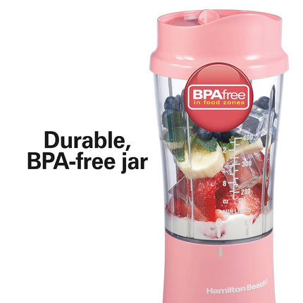 Hamilton Beach Personal Blender for Smoothies & Protein Shakes, Portable Single Serve Blender with Travel Lid, 14 oz BPA-Free Jar, 175W, Compact Countertop Blender Coral, 51171