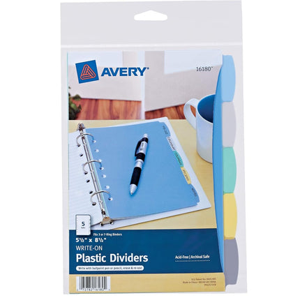 AVERY Durable Plastic 5-Tab Write & Erase Mini Dividers for 7 and 3 Ring Binders, Multicolor, 24 Sets (16180)