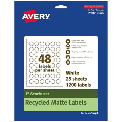 Avery EcoFriendly Matte White Recycled Starburst Labels, 1", Print-to-The-Edge, Matte White Labels, Permanent Adhesive, Laser/Inkjet Printable, 1,200 Total