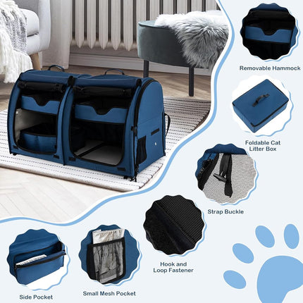 PETSITE 40 Inch Cat Carrier with Double Compartments, Portable Pet Kennel with 2 Removable Hammocks, Dual-use Mats & Litter Box, Soft-Sided Cat Dog Crate with Carry Bag & Ground Stakes (Black)