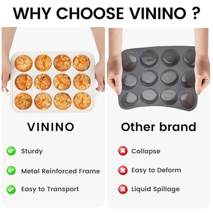 Vinino 2Pack Silicone Muffin Pan for Baking with Metal Reinforced Frame, Regular 12 Cup and Mini 24 Cup Nonstick Cupcake Pan Set, BPA Free Silicone Muffin Tray Molds for Oven Dishwasher Safe