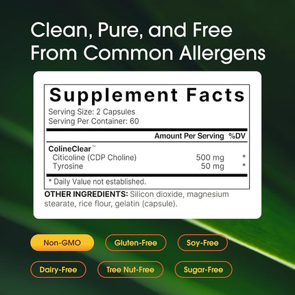 NatureBell Citicoline Capsule Supplement, Made with Colineclear, 500mg Citicoline Plus 50mg Tyrosine Per Serving, 120 Capsules, Non-GMO