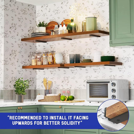 Goovilla Shelf Bracket, Heavy Duty Floating Shelf Brackets 8 inch Long, 6 Pack Brackets for Shelves, Black Coated Metal Wall Shelf Support Brackets with 1/5 Inch Thick and 160 lb. Load Capacity