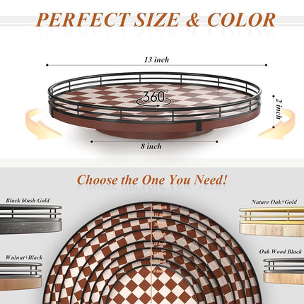 AMH 13-Inch Brown White Checkerboard Lazy Susan with Black Metal Rail