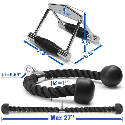 Yes4All Combo Cable Machines Accessories, Double D Row Handle with Tricep Rope, V Bar and Straight Bar, Cable Attachment for Home Gym (Double D, Tricep Rope)