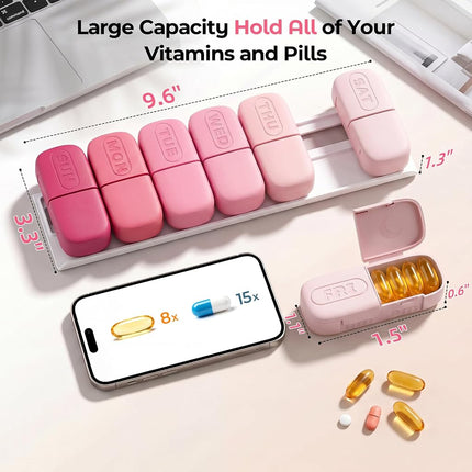 Daviky Magnetic Pill Organizer 2 Times a Day, Weekly AM PM Pill Case, Pill Box 7 Day with Magnets and Stand, Large Medicine Organizer for Medication, Vitamins and Supplements, Gradient Pink