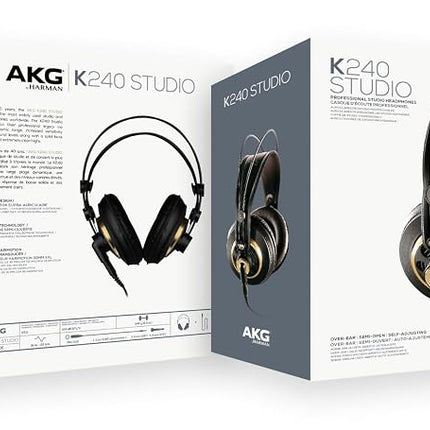 AKG K240 Studio Professional Semi-Open, Over-Ear Headphones, High Performance design, 3.5mm and 1/4" adapters, self adjusting headband - Black and Gold