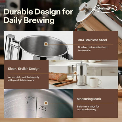 Cafetière à piston en acier inoxydable SterlingPro 1 L (34 oz) miroir – Grande cafetière à double paroi isolée, conception durable pour garder les boissons chaudes, facile à utiliser et à nettoyer pour une infusion riche en saveur