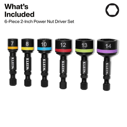 Klein Tools 32926SM 2-Inch Magnetic Power Nut Setters, Compact Impact Driver Set, Color-Coded, Metric, Impact-Rated, 6-Piece