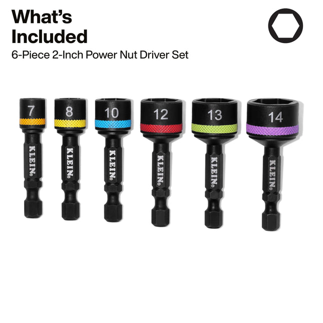 Klein Tools 32926SM 2-Inch Magnetic Power Nut Setters, Compact Impact Driver Set, Color-Coded, Metric, Impact-Rated, 6-Piece