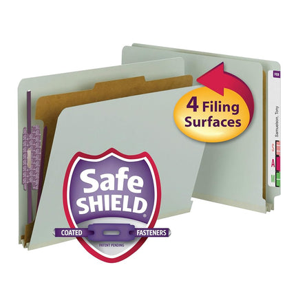 Carpeta de clasificación Smead de cartulina 100% reciclada con pestañas finales y sujetadores SafeSHIELD, 1 divisor, expansión de 5 cm, tamaño carta, gris/verde, 10 por caja (26800)