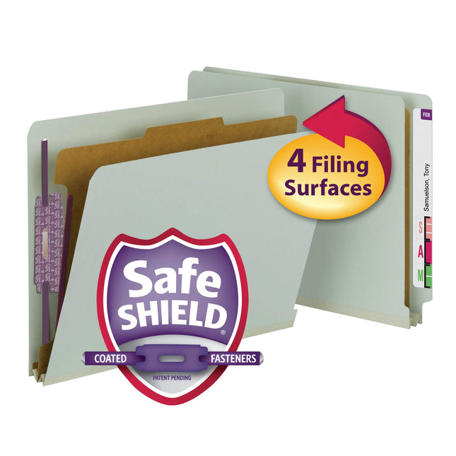 Smead 100% Recycled End Tab Pressboard Classification File Folder with SafeSHIELD Fasteners, 1 Divider, 2" Expansion, Letter Size, Gray/Green, 10 per Box (26800)
