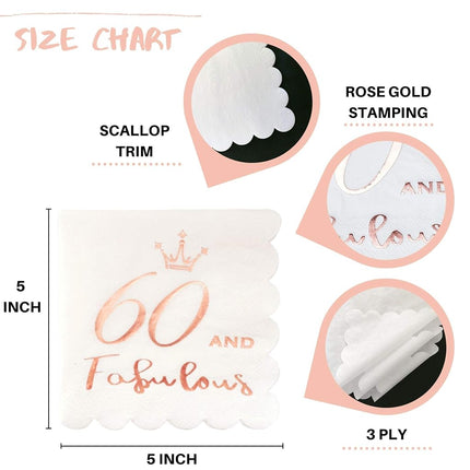 60 and Fabulous Cocktail Napkins Rose Gold - 60th Birthday Decorations for Women, Folded 5x5 Inches Disposable Party Napkins 3-Ply Paper Beverage Napkins, 60th Birthday Napkins, Wedding Anniversary