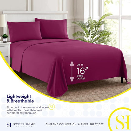 Sweet Home Collection Luxury Bedding Set with Flat, Fitted Sheet, 2 Pillow Cases, Microfiber, Berry, Queen