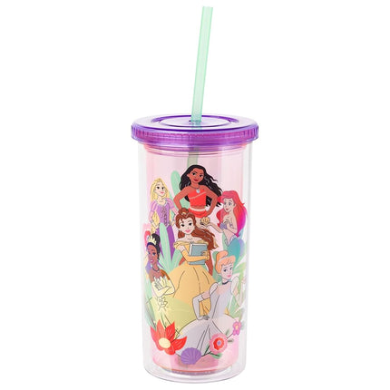 Silver Buffalo Disney Princess Fun and Bold Group Floral Plastic Tall Cold Cup w/Lid and Straw, 20 Ounces