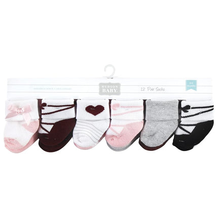 Hudson Baby Unisex Baby Cotton Rich Newborn and Terry Socks, Ballet, 6-12 Months, Ballet 12-pack, 6-12 Months
