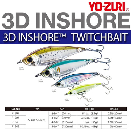Yo-Zuri 3D Inshore Twitchbait Slow Sinking Lure, Red Head, 90mm/3-1/2