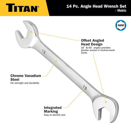Titan 17284 14-Piece Metric Angle Head Open End Wrench Set