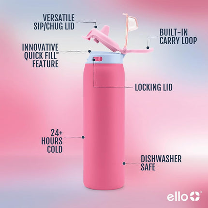 Ello Pop 22oz Stainless Steel Water Bottle with Quick Fill & Double Walled Vacuum Insulated Metal, Leak Proof Locking Lid, Sip and Chug, BPA Free, Cherry Breeze