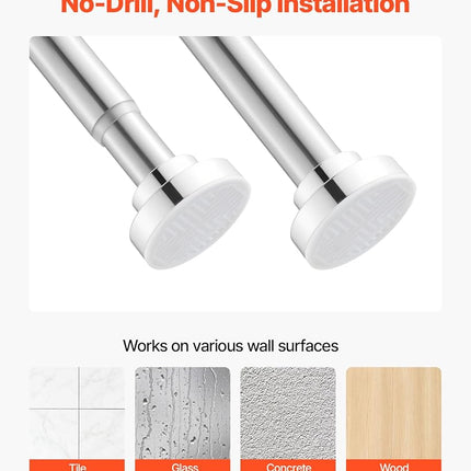 VEVOR Shower Curtain Rod, 28-76 Inches, 1 Inch Diameter Adjustable Spring Tension Stainless Steel Telescoping Rod with Holders, No Drilling Non-Slip for Bathroom, Closet, Window, Room Divider, Silver