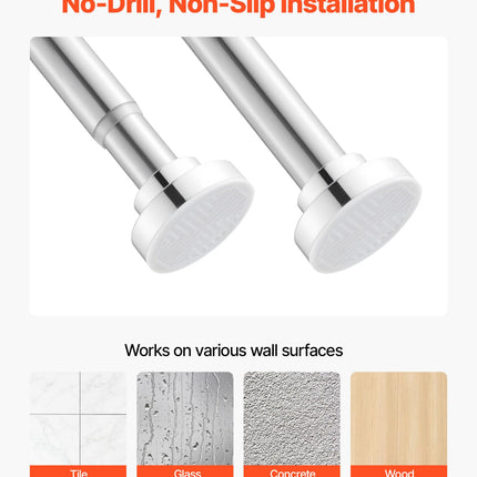 VEVOR Shower Curtain Rod, 28-76 Inches, 1 Inch Diameter Adjustable Spring Tension Stainless Steel Telescoping Rod with Holders, No Drilling Non-Slip for Bathroom, Closet, Window, Room Divider, Silver