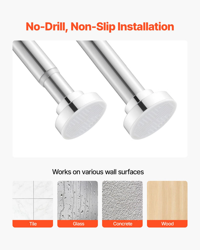 VEVOR Shower Curtain Rod, 28-76 Inches, 1 Inch Diameter Adjustable Spring Tension Stainless Steel Telescoping Rod with Holders, No Drilling Non-Slip for Bathroom, Closet, Window, Room Divider, Silver