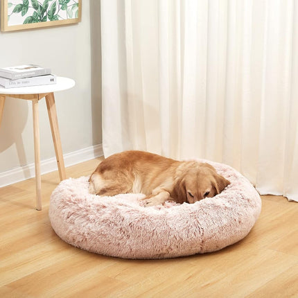 Bedfolks Calming Donut Dog Bed, 91CM Round Fluffy Dog Beds for Large Dogs, Anti-Anxiety Plush Dog Bed, Washable Pet Bed with Non-Slip Bottom (Pink, Large)