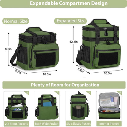 Double Deck Insulated Lunch Box, Expandable Large Lunch Bag Leakproof Cooler Bag Lunch Pail for Men Women Adults Work Shifts Travel Daytrip,16L,Army Green