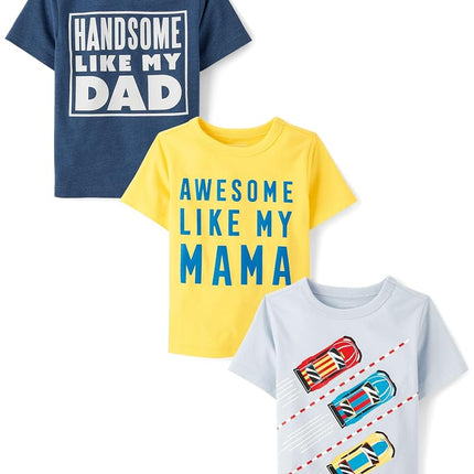 The Children's Place T-shirts graphiques à manches courtes pour bébés et tout-petits garçons, paquet multiple, Handsome/Awesome/Voitures, 3T