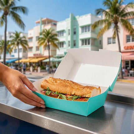 Restaurantware-Bio Tek 6.7 x 3.5 x 3.5 Inch Clamshell Food Containers, 100 Disposable Sandwich Containers - Hinged Lid, Tab-Lock Closure, Turquoise Paper Hot Dog Containers, Durable, Greaseproof