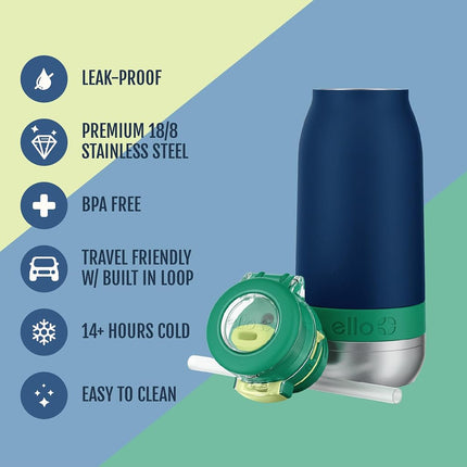 Ello Emma 14oz Vacuum Insulated Stainless Steel Kids Water Bottle with Straw and Built-in Carrying Handle and Leak-Proof Locking Lid for School Backpack, Lunchbox and Outdoor Sports, Tidal Wave