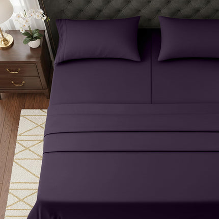 Elegant Comfort Luxurious 1500 Premium Hotel Quality Microfiber Three Line Embroidered Softest 5-Piece Bed Sheet Set, Wrinkle and Fade Resistant, Split King, Purple